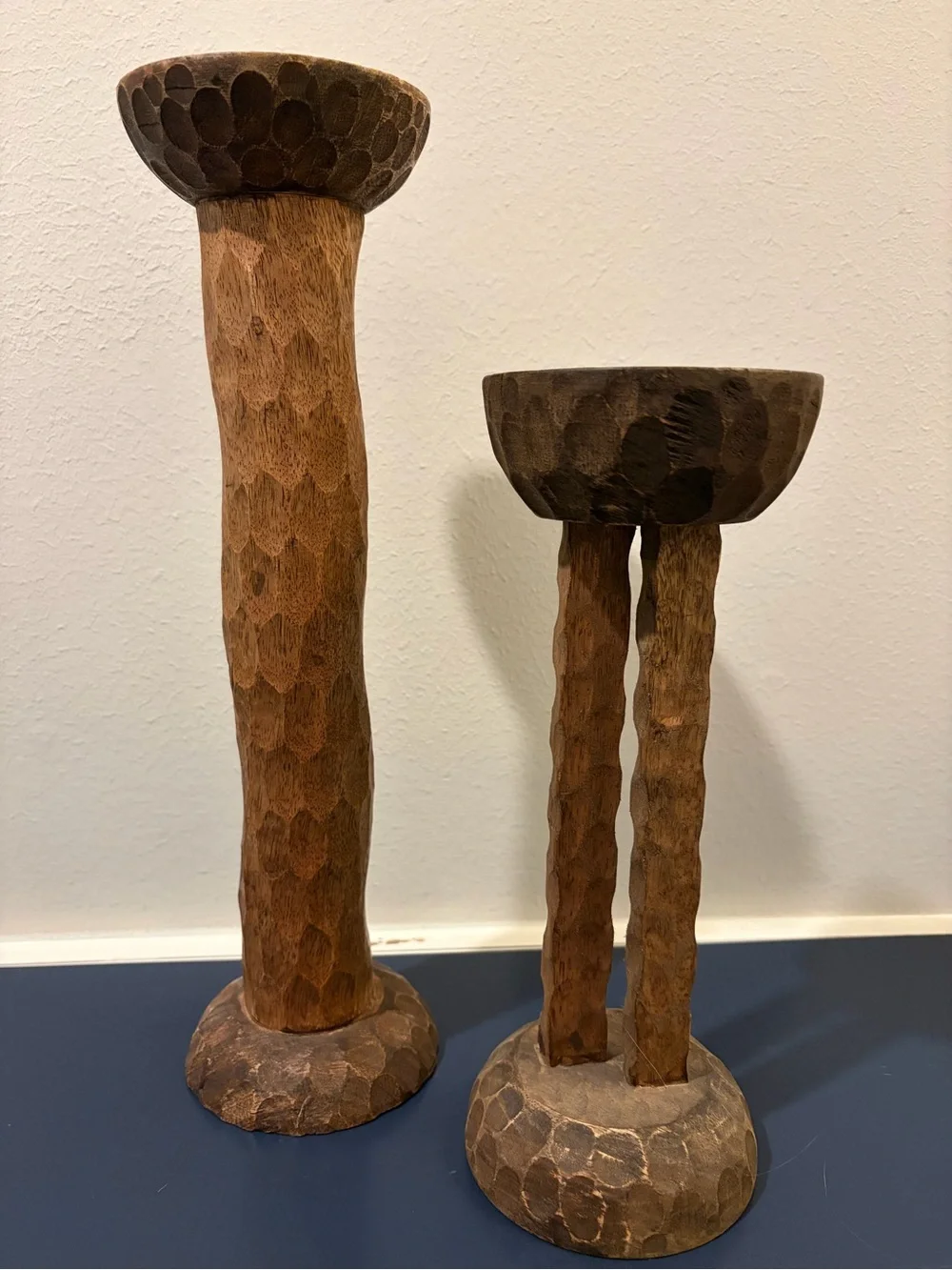 Global Views Lemieux Wooden Set  of 2 Hand-Carved Brown Wooden Candel Holders